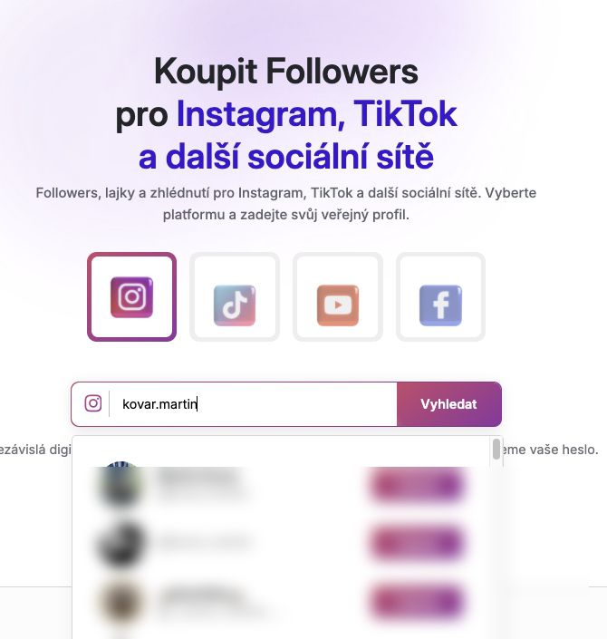 Vyhled&aacute;n&iacute; Instagram profilu při n&aacute;kupu followers